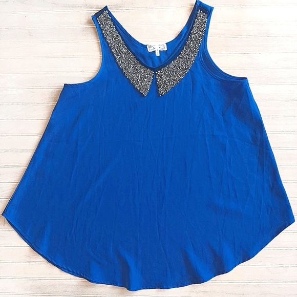 Kirra Beaded Peter Pan Collar Royal Blue Lightweight Retro Dressy Satin Tank - Picture 3 of 9